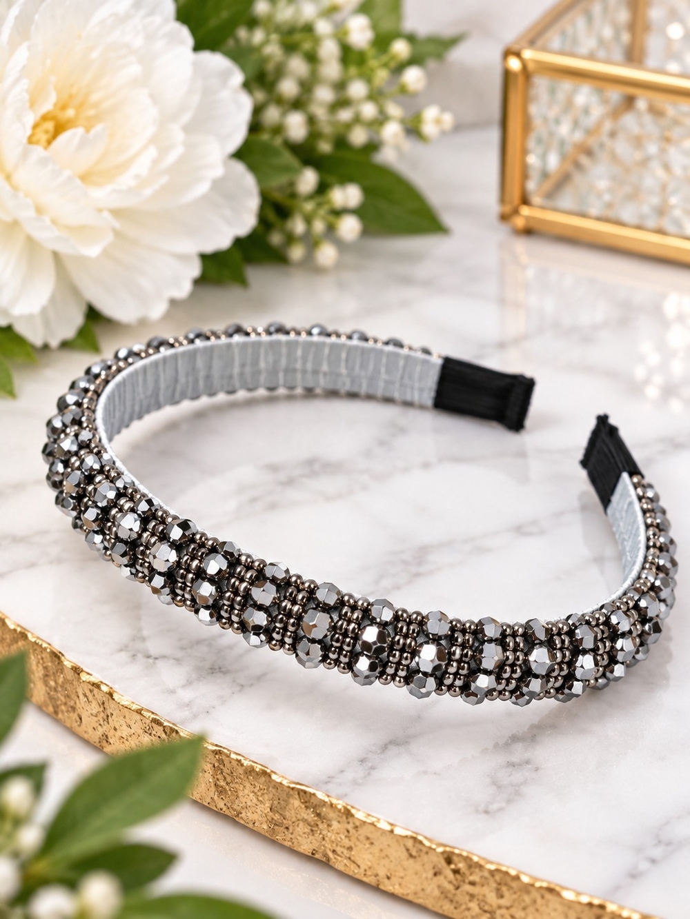 A145. Crystal Embellished Headband Silver & Black New